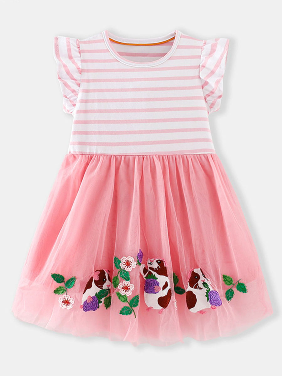 Toddler pink tulle dress with striped bodice and embroidered guinea pigs.