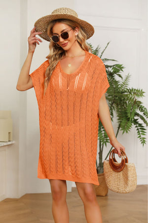 Orange open-knit beach cover-up dress with short sleeves and a v-neck.