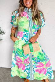 Charming floral midi dress with puff sleeves, collared neckline, and button front.