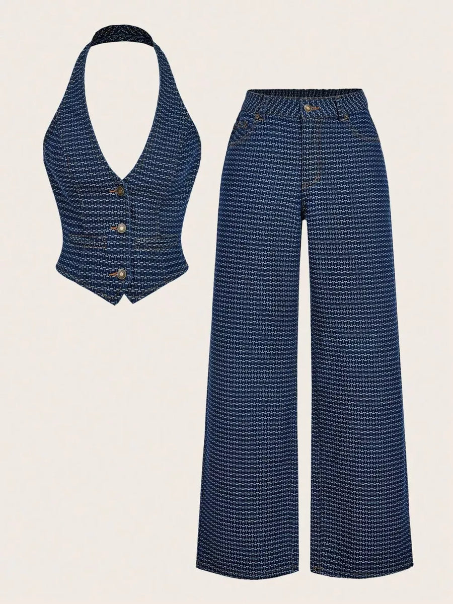 Halter Neck Denim Vest And Wide-leg Jeans Set option 15