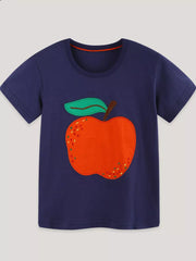 Navy cotton t-shirt with cheerful orange apple appliqué and green leaf detail.