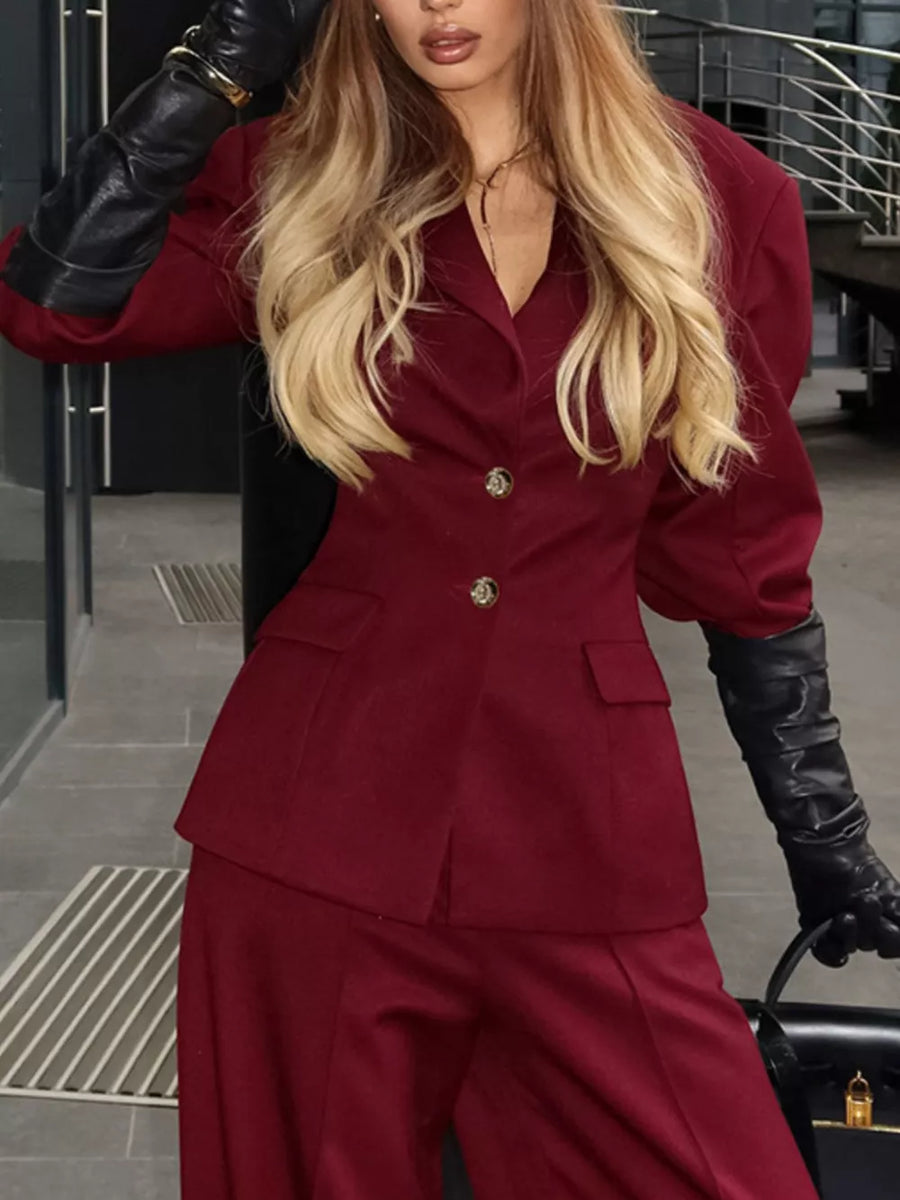 Black with Single-breasted Blazer And Wide-leg Pants Set