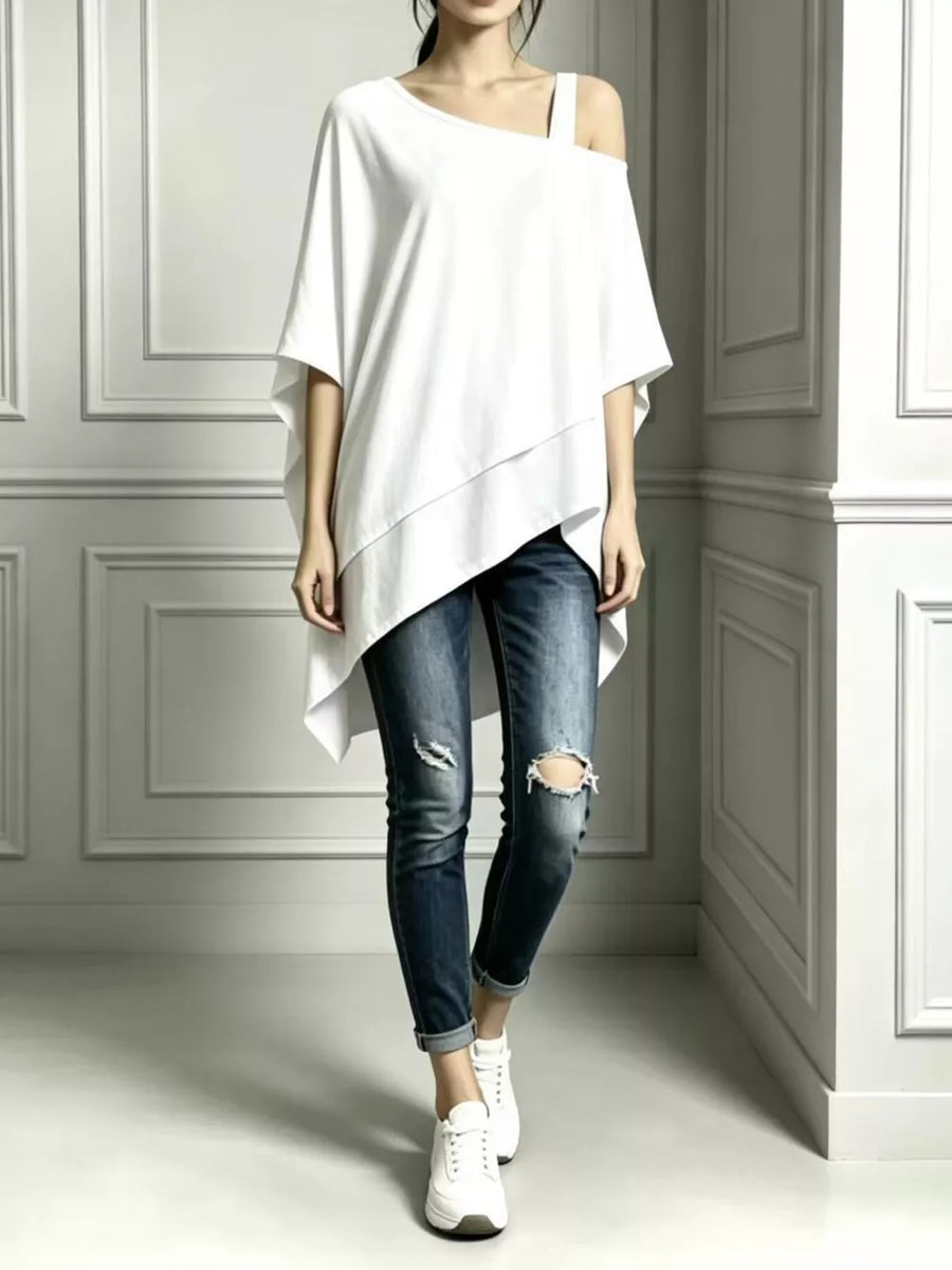 White Full Size Asymmetrical Neck Short Sleeve T-shirt Plus Size