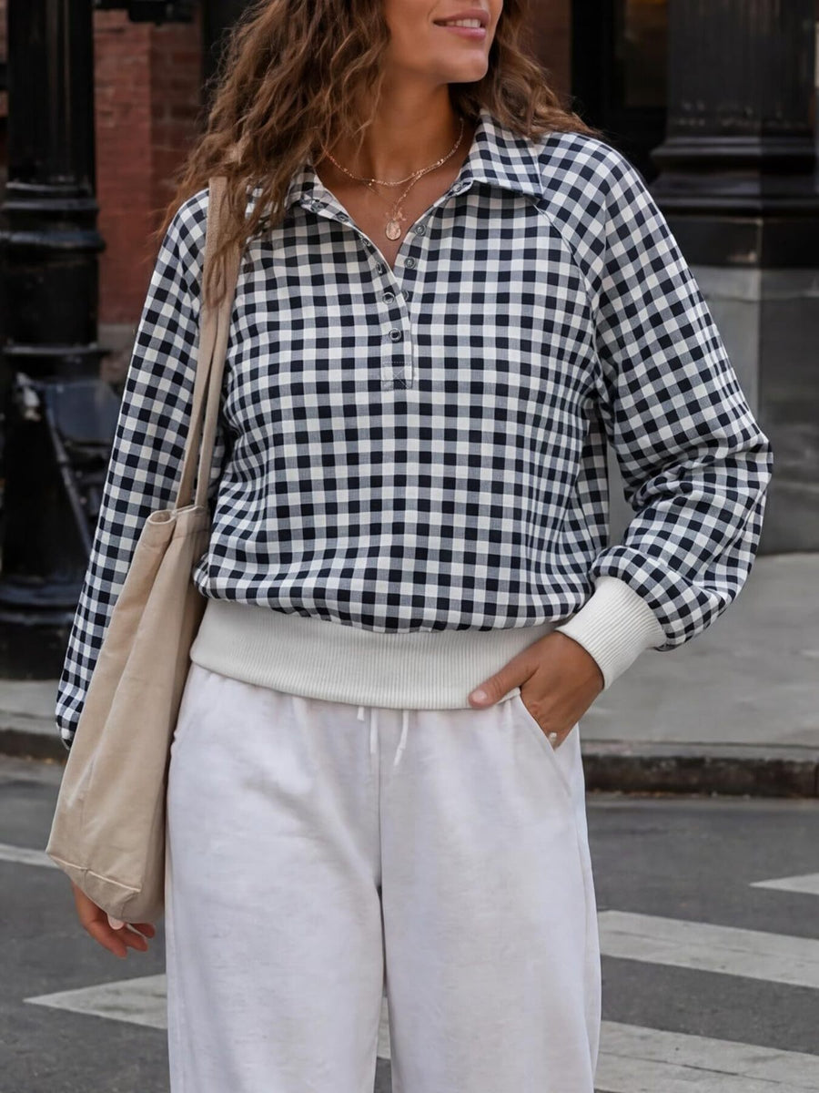 black sweatshirt with gingham and collared