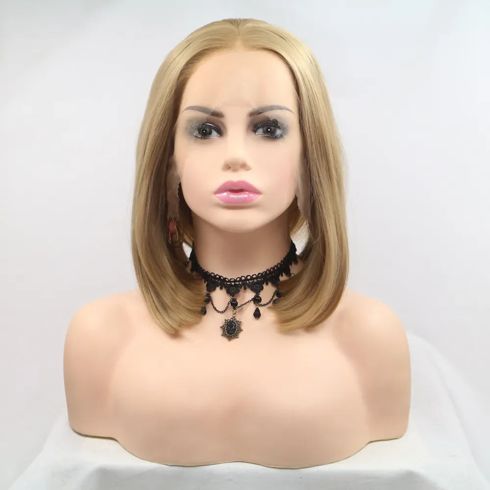 Blonde bob lace front wig with a natural hairline and khaki color.