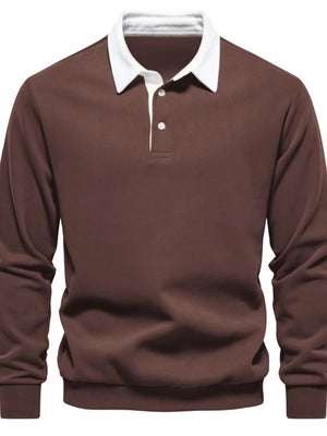 Brown long sleeve sweatshirt with white collar and button placket.