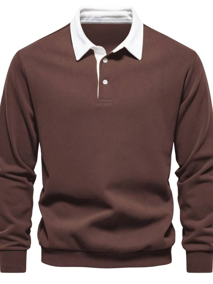 Brown long sleeve sweatshirt with white collar and button placket.