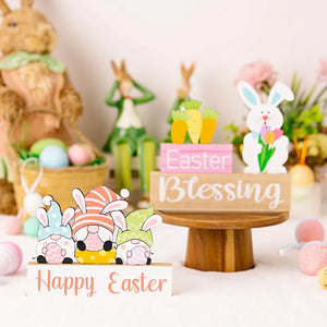 Easter wooden gnome trio display with "Happy Easter" text, in pastel colors.
