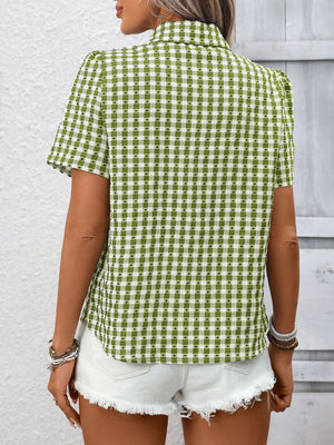 Light green gingham button-up short-sleeve shirt with puff sleeves.