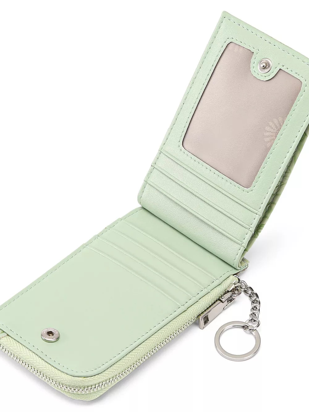 Sage floral embossed mini wallet with card slots, ID window, and keychain.