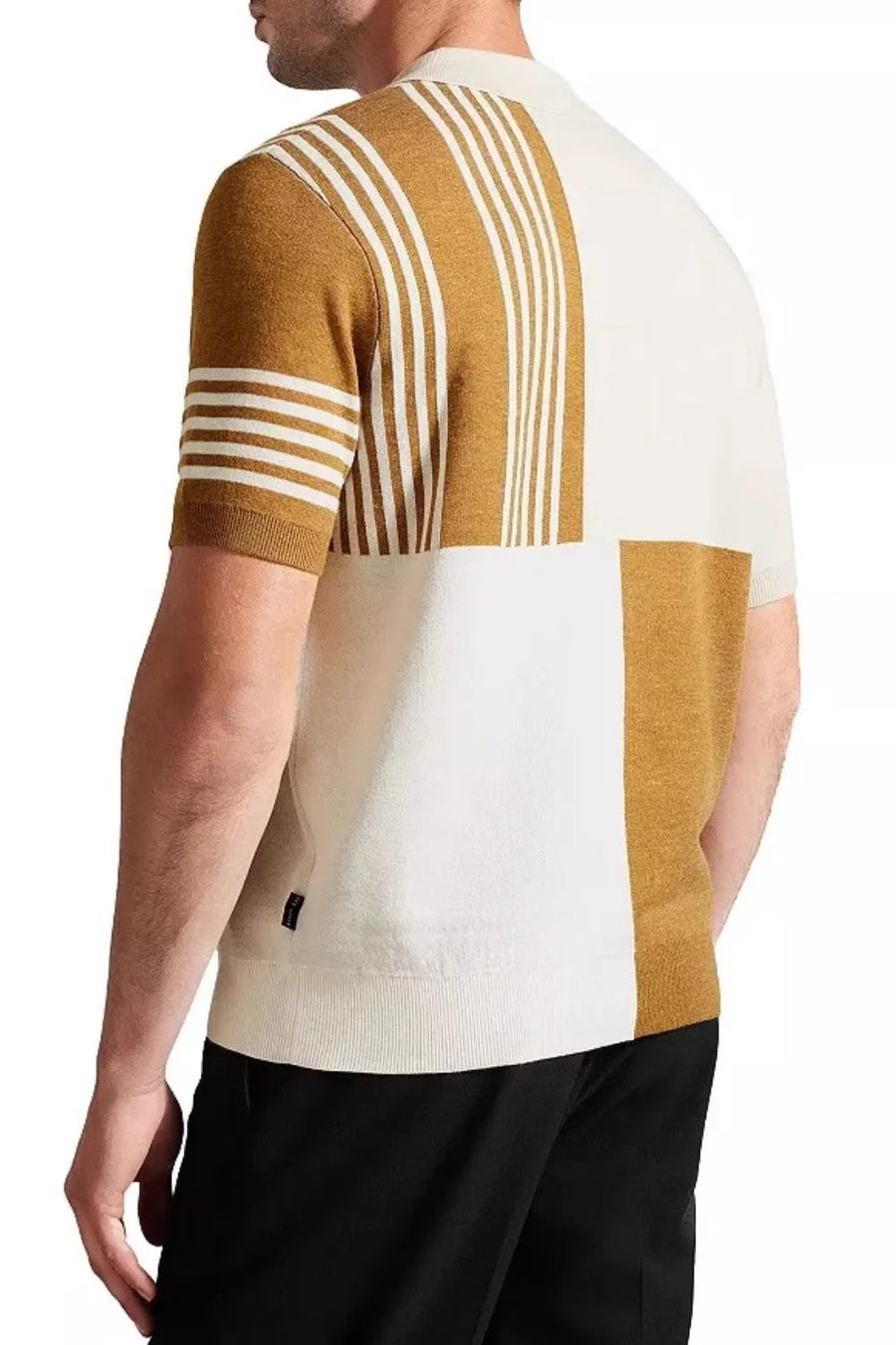 Geometric knit polo with zip neck in taupe and white colorblock with vertical stripes.