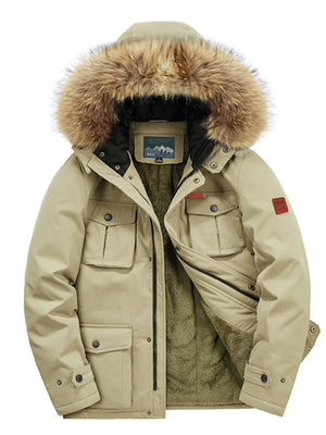 Khaki parka with fur-lined hood, multiple pockets, and fleece lining.
