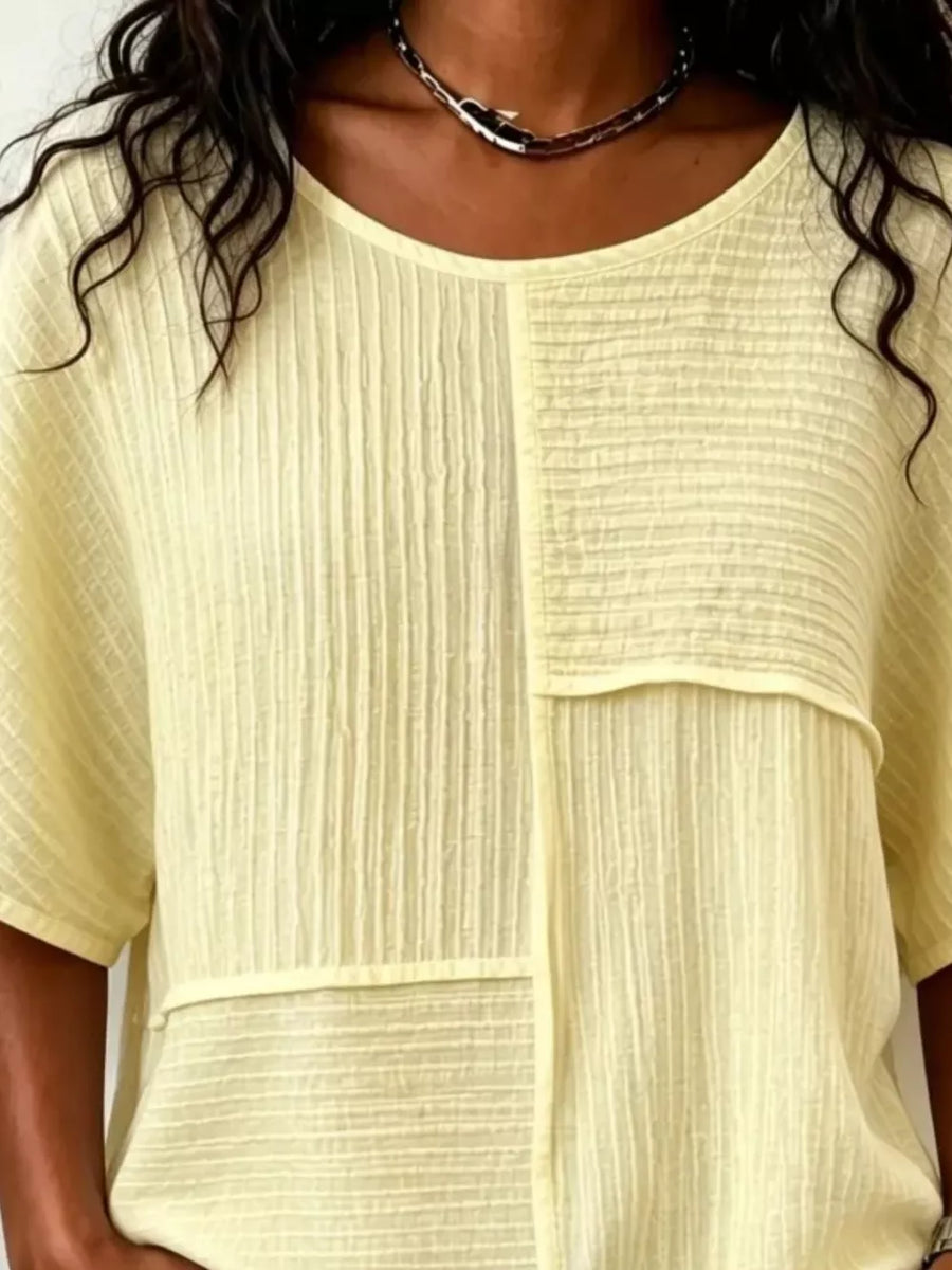 Sky Blue Full Size Texture Round Neck Half Sleeve Blouse