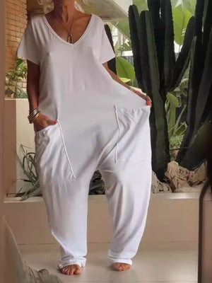Loose Fit V-neck Short Sleeve Wide Leg Jumpsuit in Floral Gray
