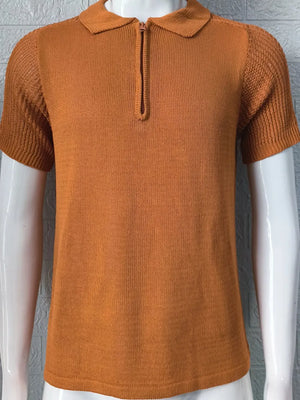 Textured knit polo shirt in caramel with short sleeves and a zip neck.