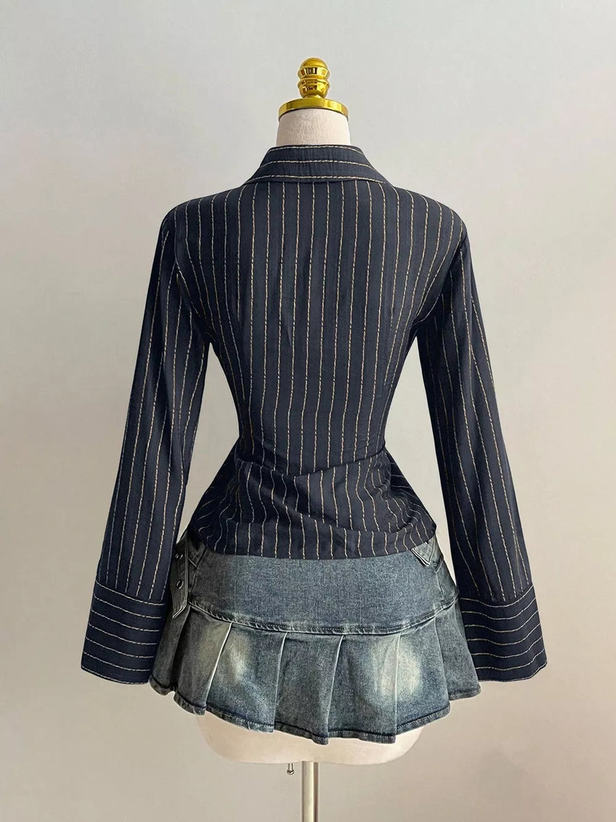 Dark Navy with Striped Long Sleeve Fitted Blouse