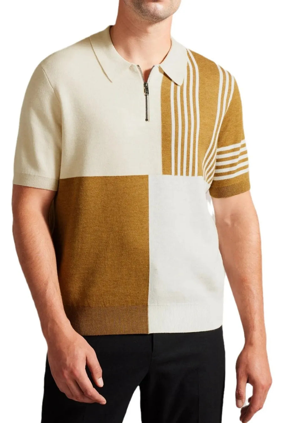 Geometric knit polo shirt in taupe and white with zip neck and short sleeves.