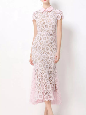 Pink floral lace midi dress with cap sleeves, Peter Pan collar, and studded belt.