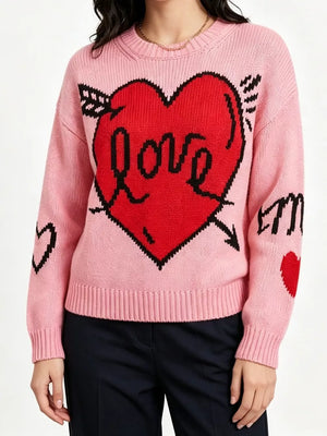 Black with Heart Round Neck Ribbed Sweater