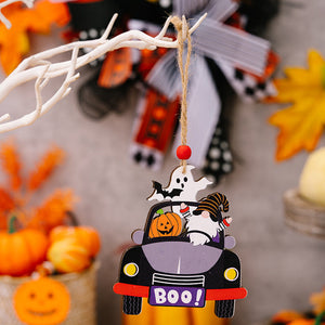 Halloween car ornament with gnome, ghost, pumpkin, and BOO! sign.