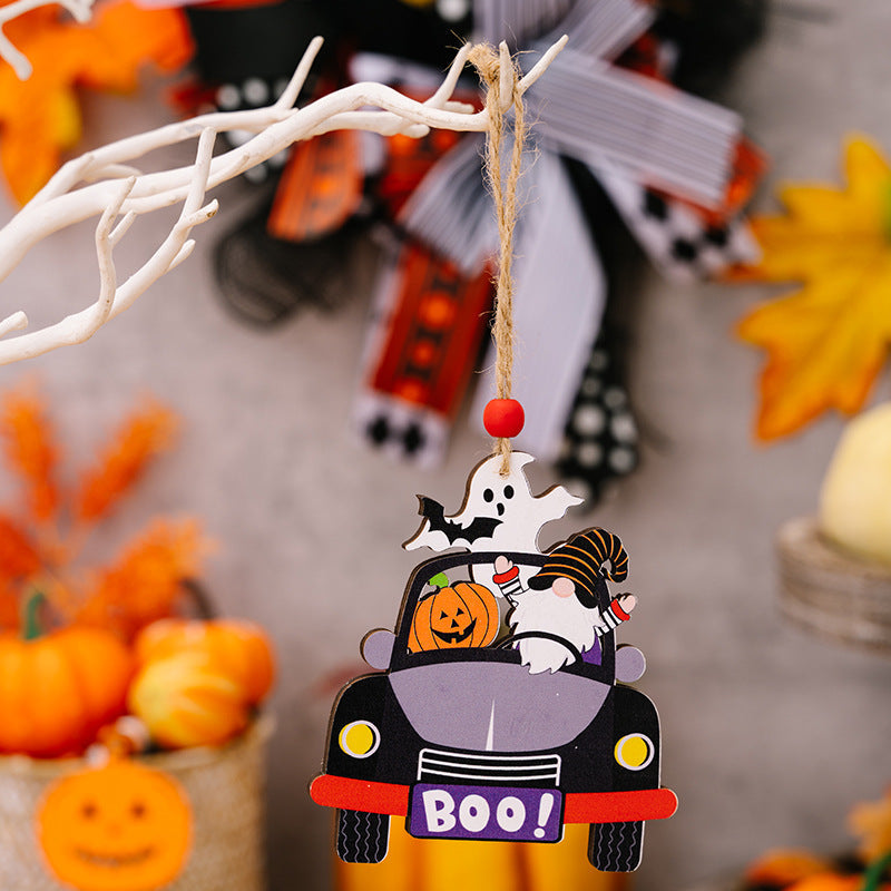 Halloween car ornament with gnome, ghost, pumpkin, and BOO! sign.