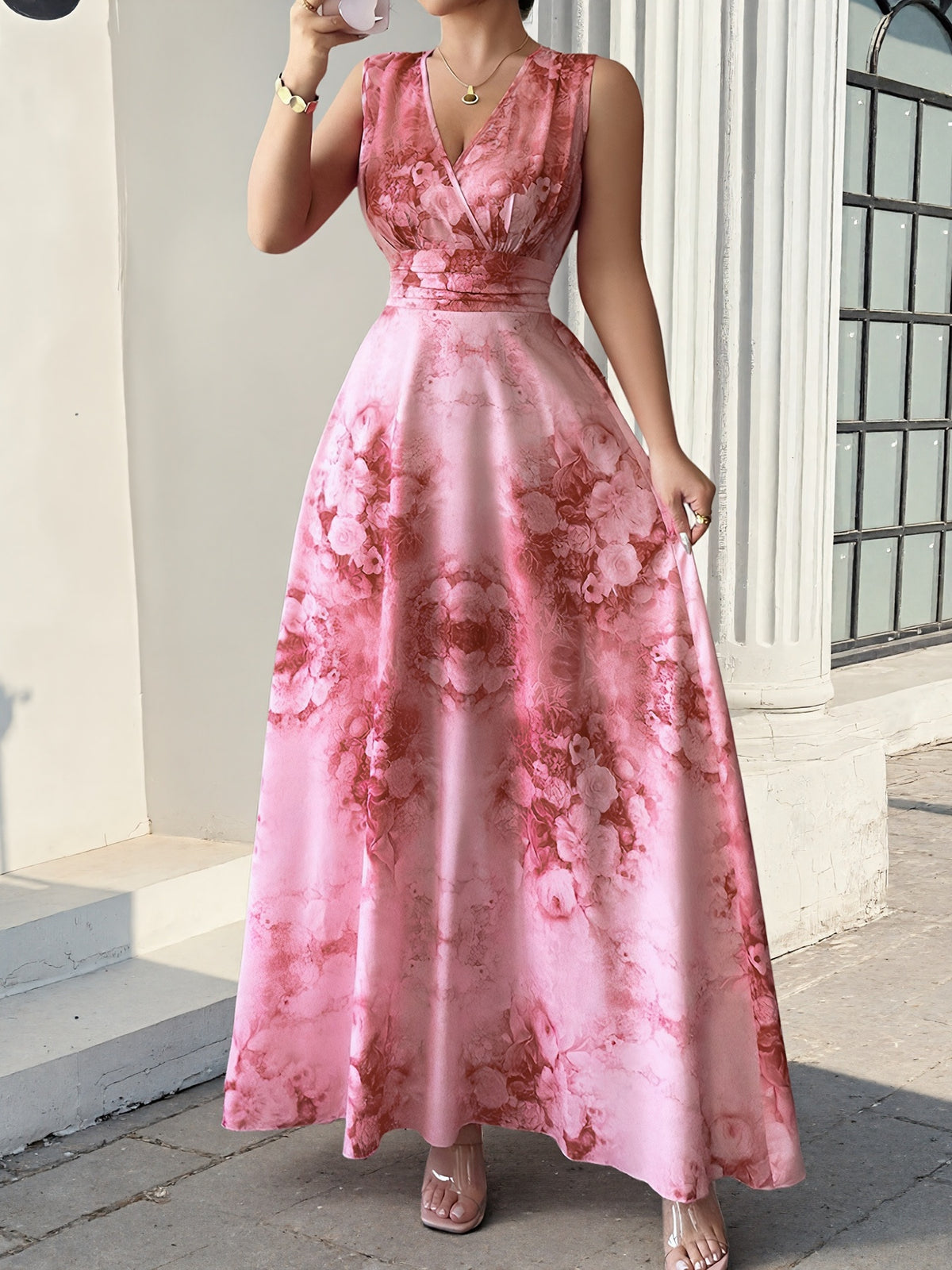 blush pink maxi dress with floral and v-neck