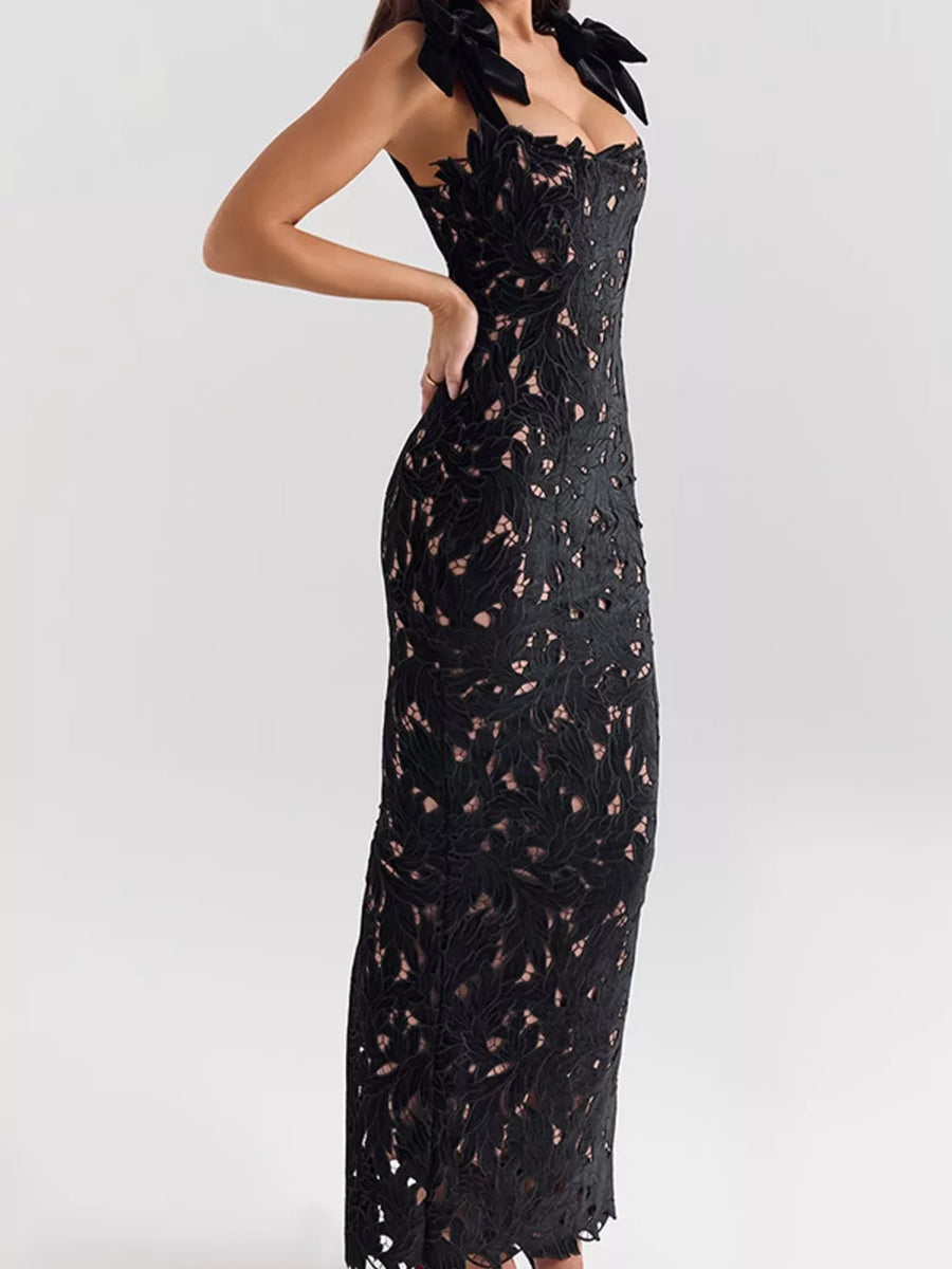 Black floral lace maxi dress with tie shoulder detail and cutout bodice.