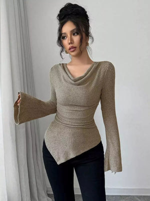 Khaki ribbed asymmetrical cowl neck top with flared sleeves and ruched waist
