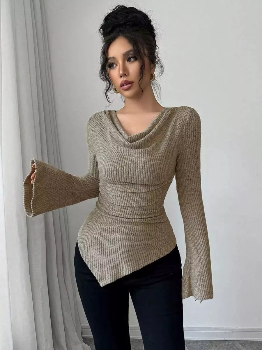 Khaki ribbed asymmetrical cowl neck top with flared sleeves and ruched waist