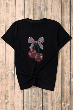 Black t-shirt with rhinestone cherry and bow graphic, short sleeves, crew neck.
