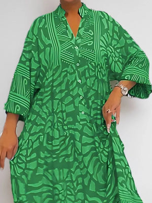 Green abstract print midi dress with button front and pockets