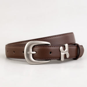 Brown cowhide leather belt with H-shaped buckle and silver hardware