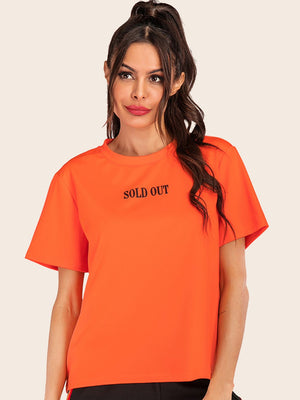 Orange t-shirt with black "SOLD OUT" text, crew neck, short sleeves, casual fit