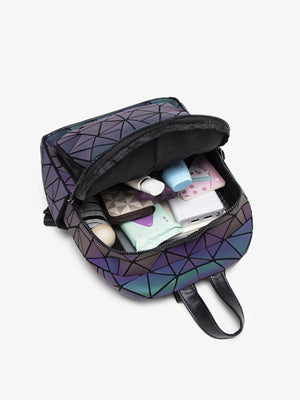 dark blue backpack with zip-front and geometric