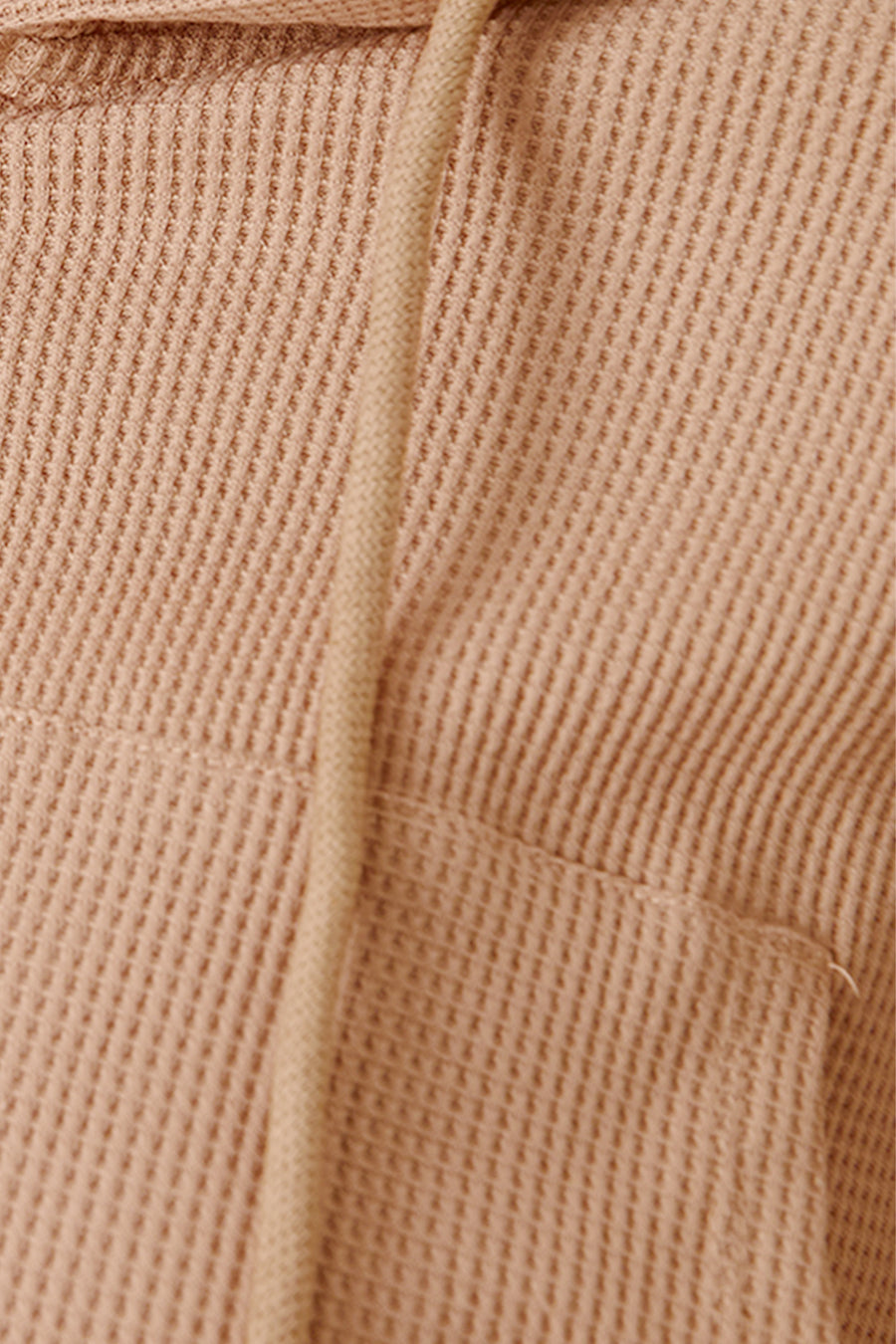 Waffle knit cropped zip hoodie in khaki with drawstring and pocket detail.