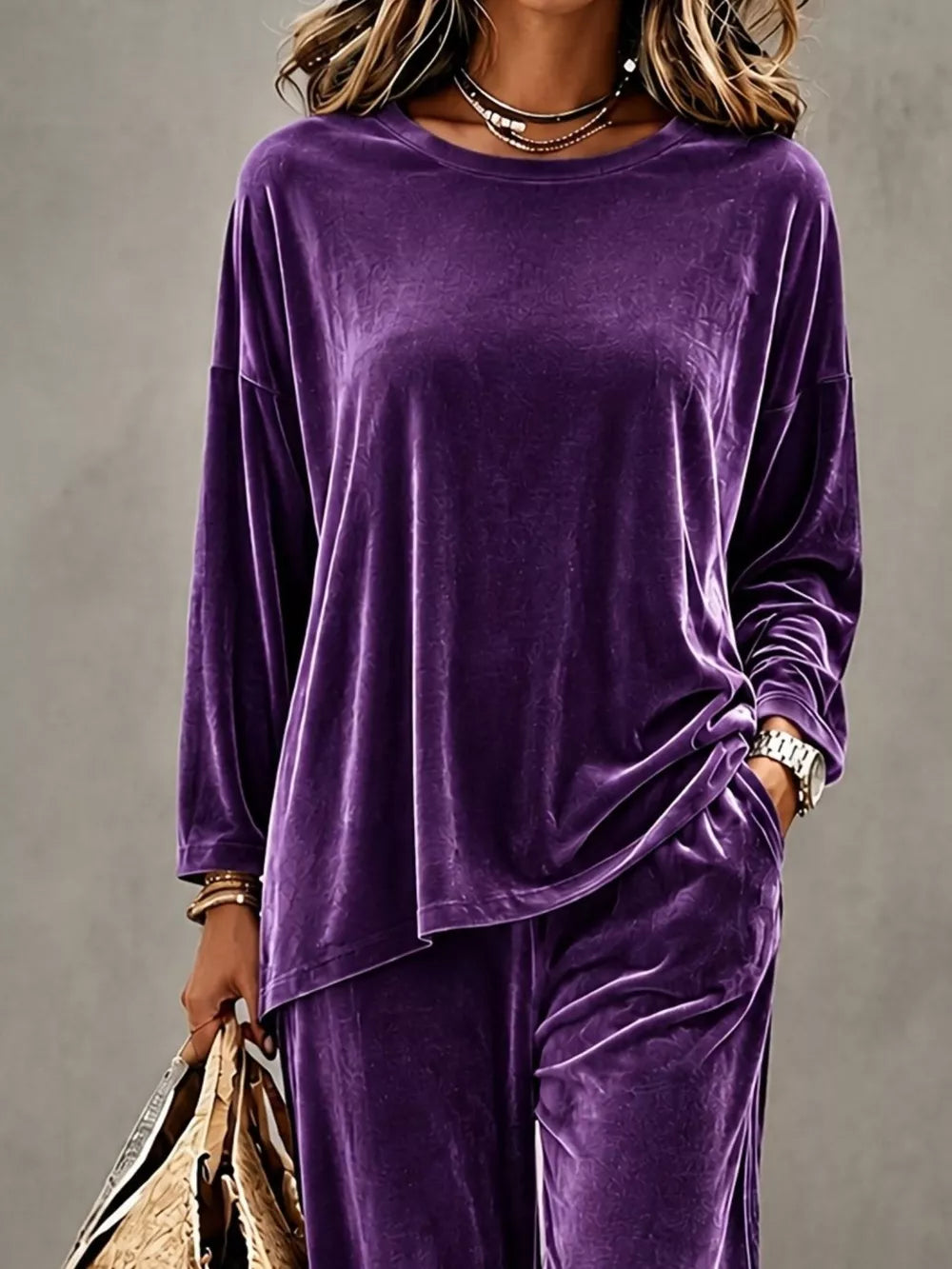 glam top and pants set in Purple with round neck