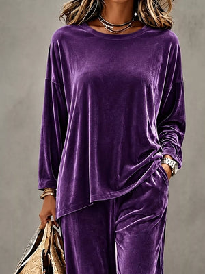 glam top and pants set in Purple with round neck