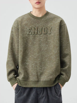 Men's Army Green long-sleeve sweatshirt with textured "ENJOY" graphic and marbled pattern.