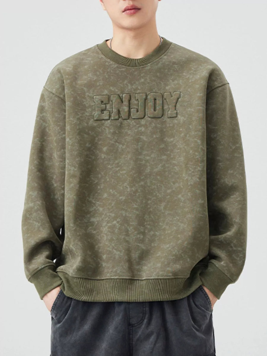 Men's Army Green long-sleeve sweatshirt with textured "ENJOY" graphic and marbled pattern.