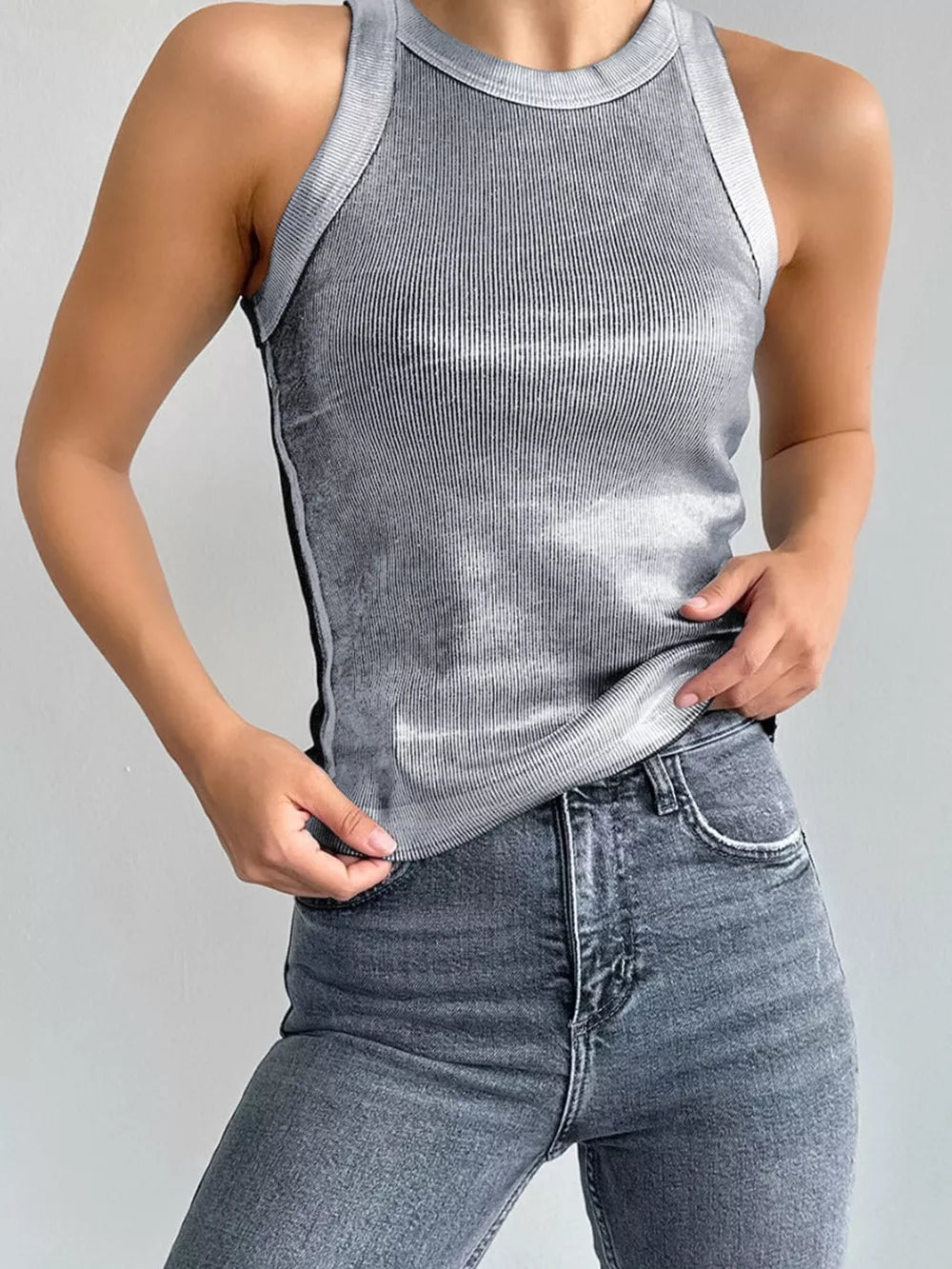 95% polyester, 5% spandex Care instructions: Machine wash cold tank top in Silver with fitted silhouette