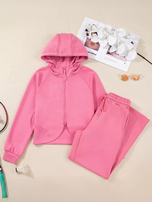 Dusty pink relaxed fit zip-up hoodie and drawstring pants set.