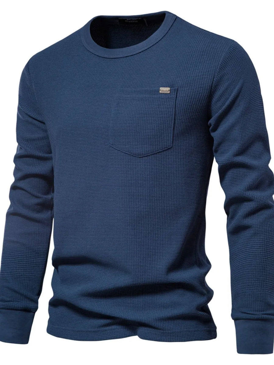Navy textured thermal pocket tee with minimalist detail