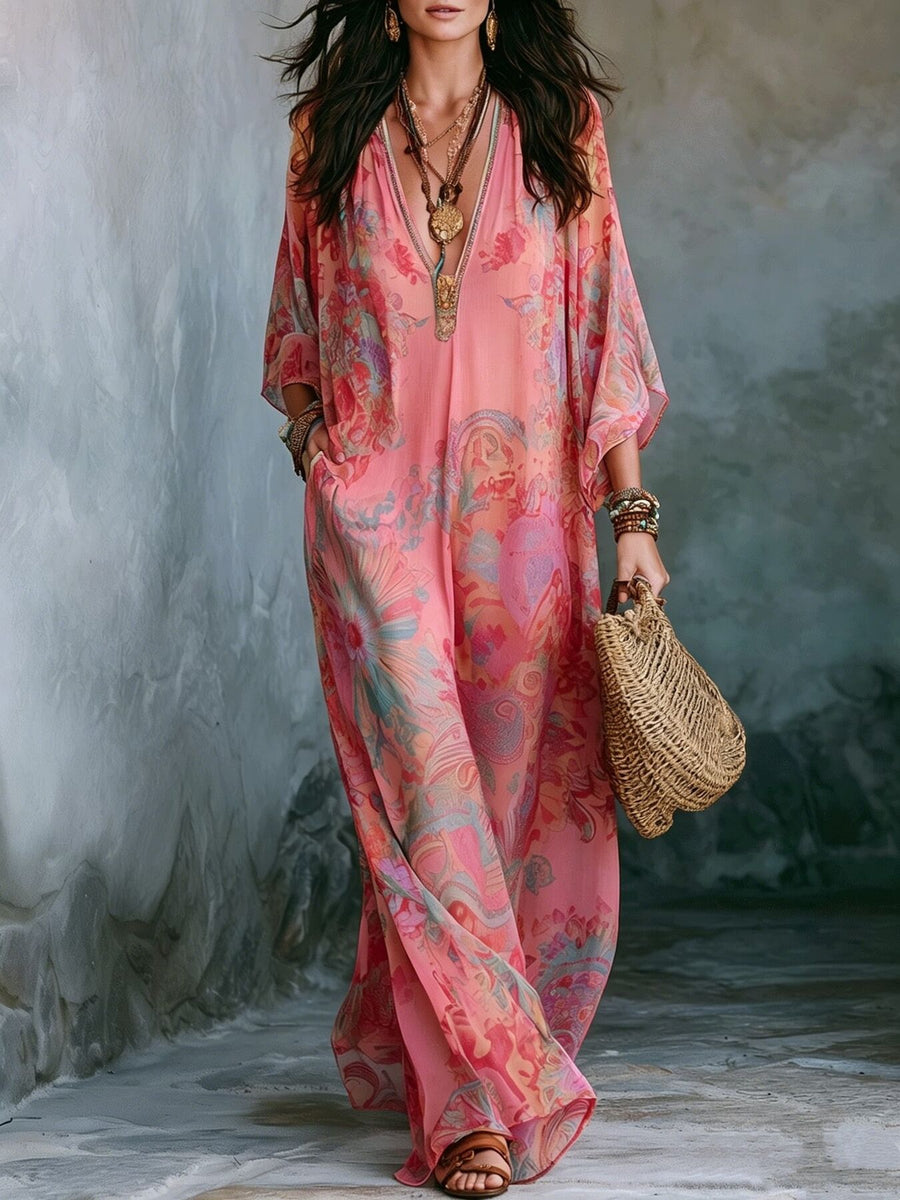 bohemian maxi dress in Yellow with v-neck