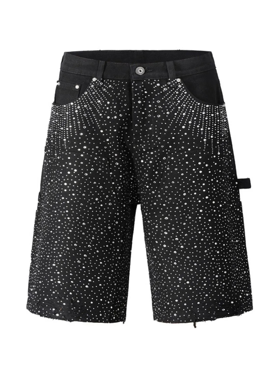 Black denim bermuda shorts with allover crystal burst embellishment
