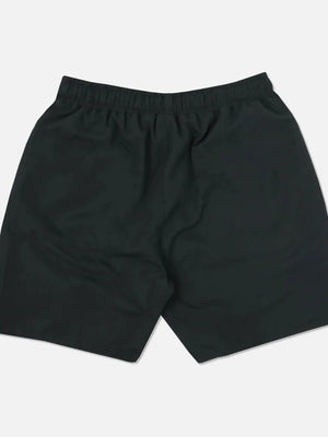 Black performance shorts with elastic waistband and embroidered wolf head detail.