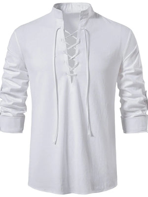 White linen lace-up shirt with mandarin collar and rolled sleeves
