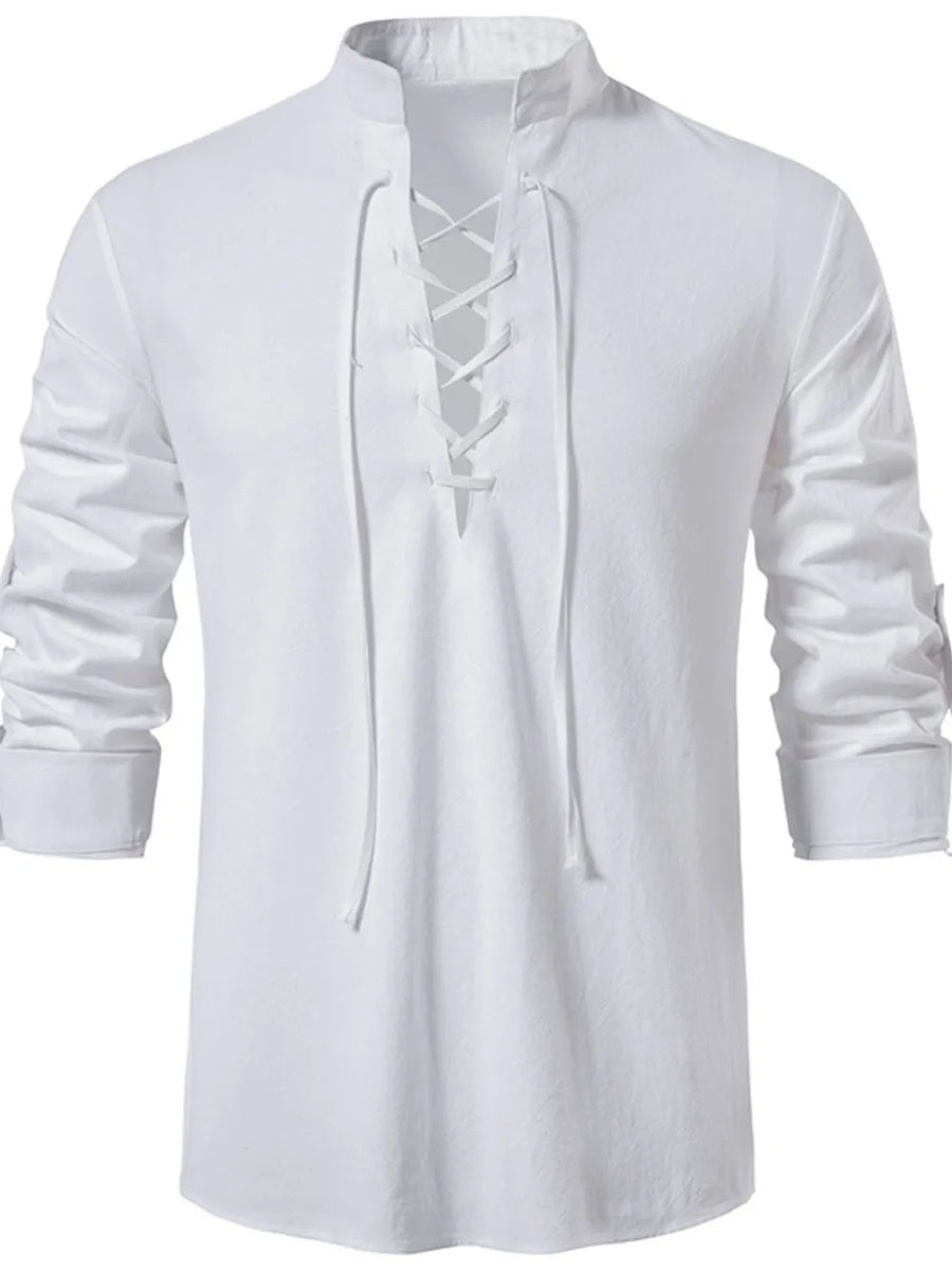 White linen lace-up shirt with mandarin collar and rolled sleeves