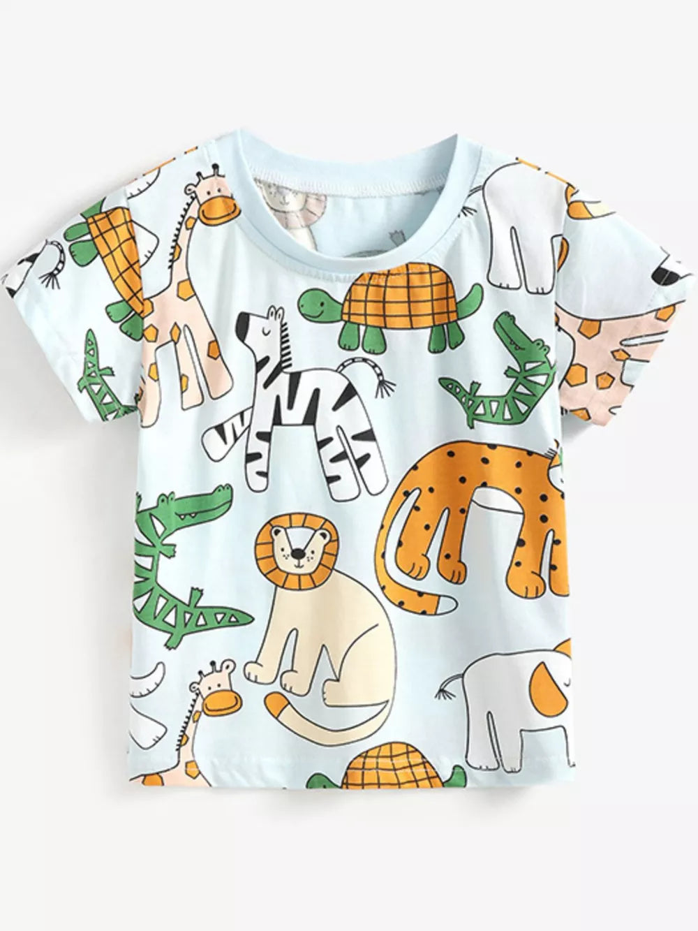 Baby blue short sleeve tee with cartoon safari animals including lions, giraffes, zebras, elephants, crocodiles, and turtles.