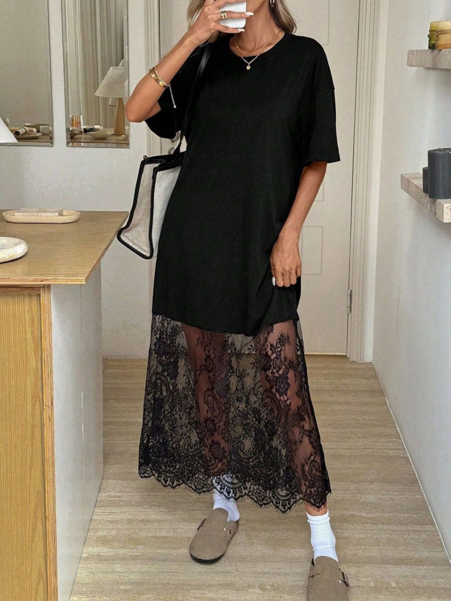 65% viscose, 30% polyester, 5% elastane Care instructions: Machine wash cold t-shirt dress in black with relaxed silhouette