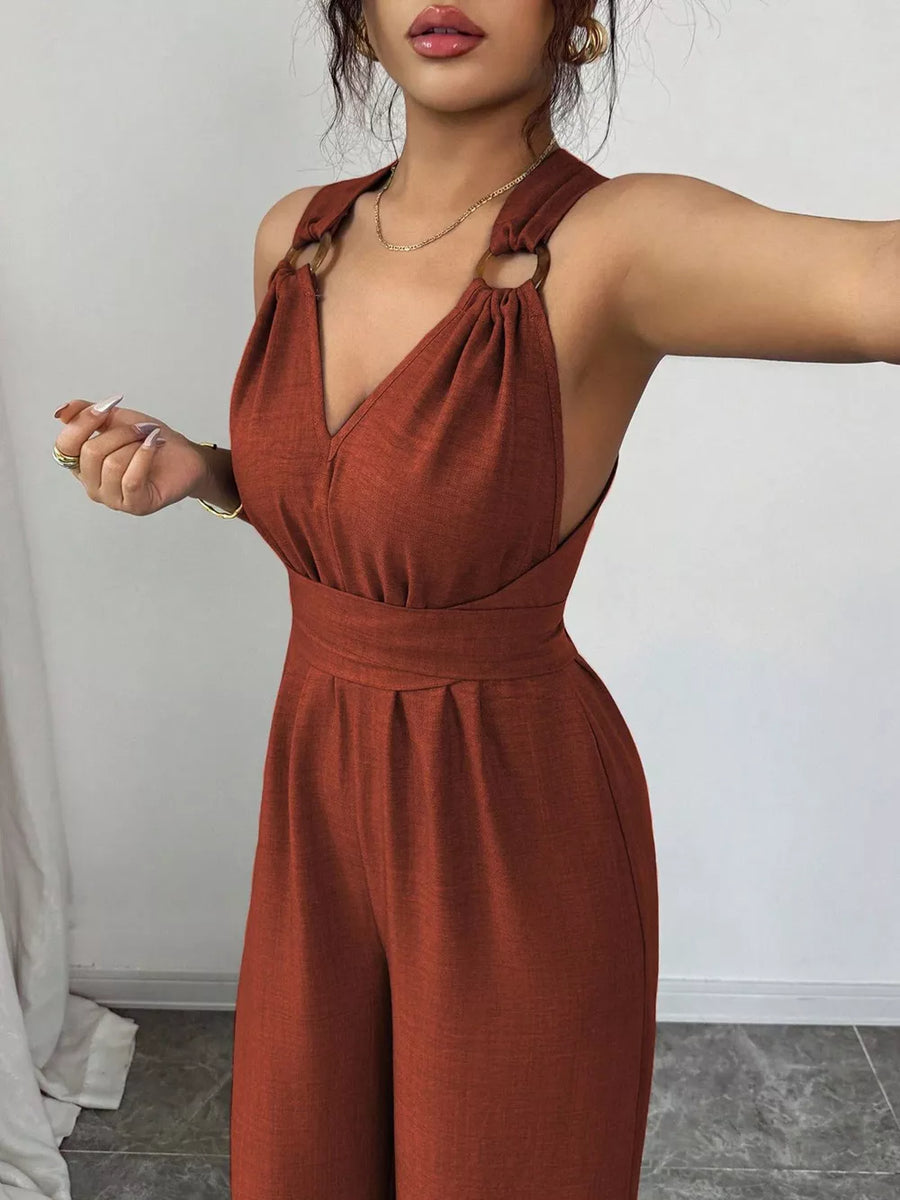 Sleeveless V-neck Wide-leg Jumpsuit in Black
